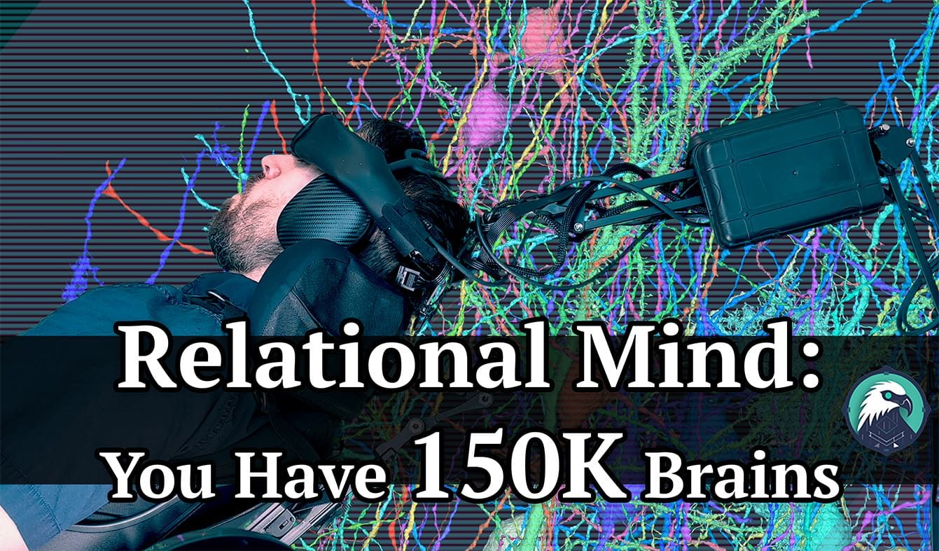 Relational Mind concept still — man in headset against neural pathways